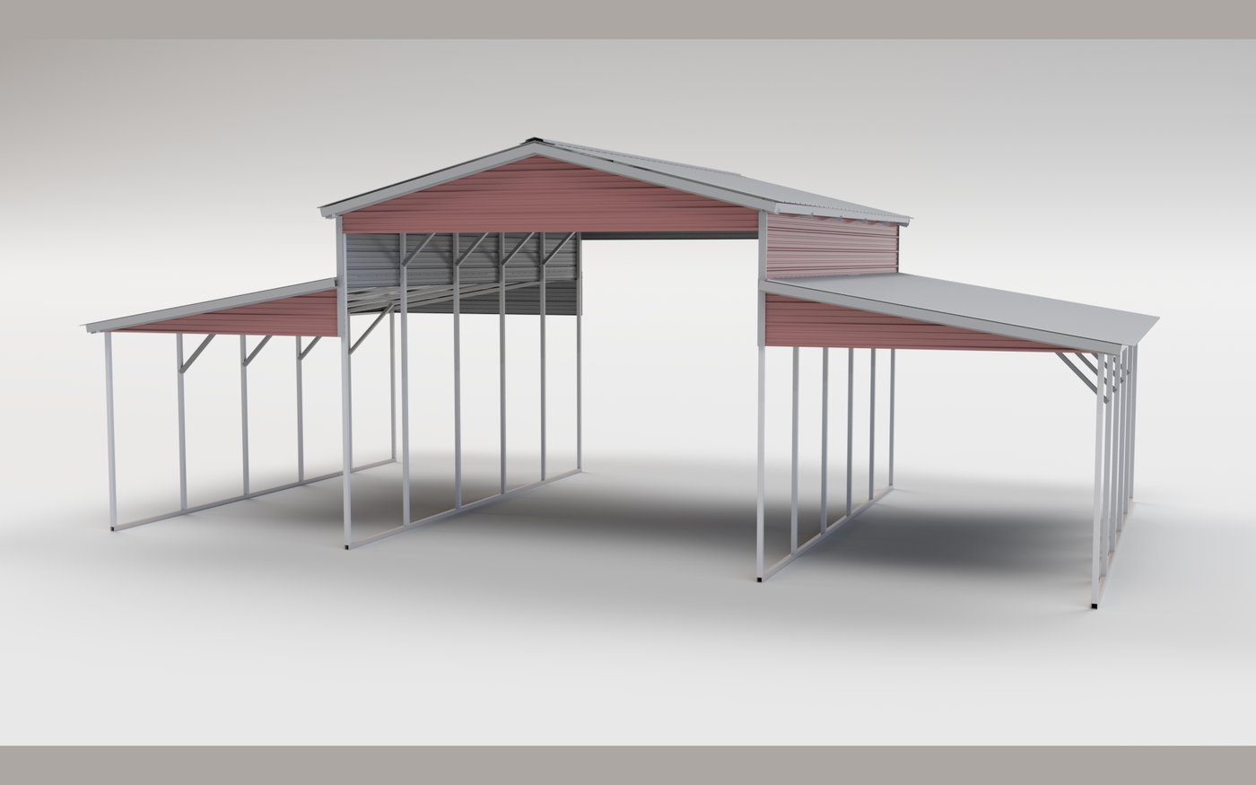 MaxSteel Apex barn with wraparound lean-tos, Rustic Red and Charcoal